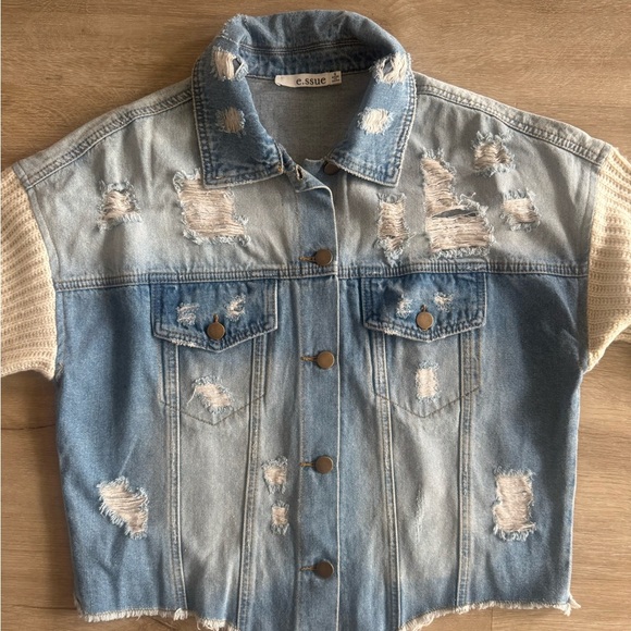 Essue mixed media sweater denim jacket SZ S - Picture 2 of 9